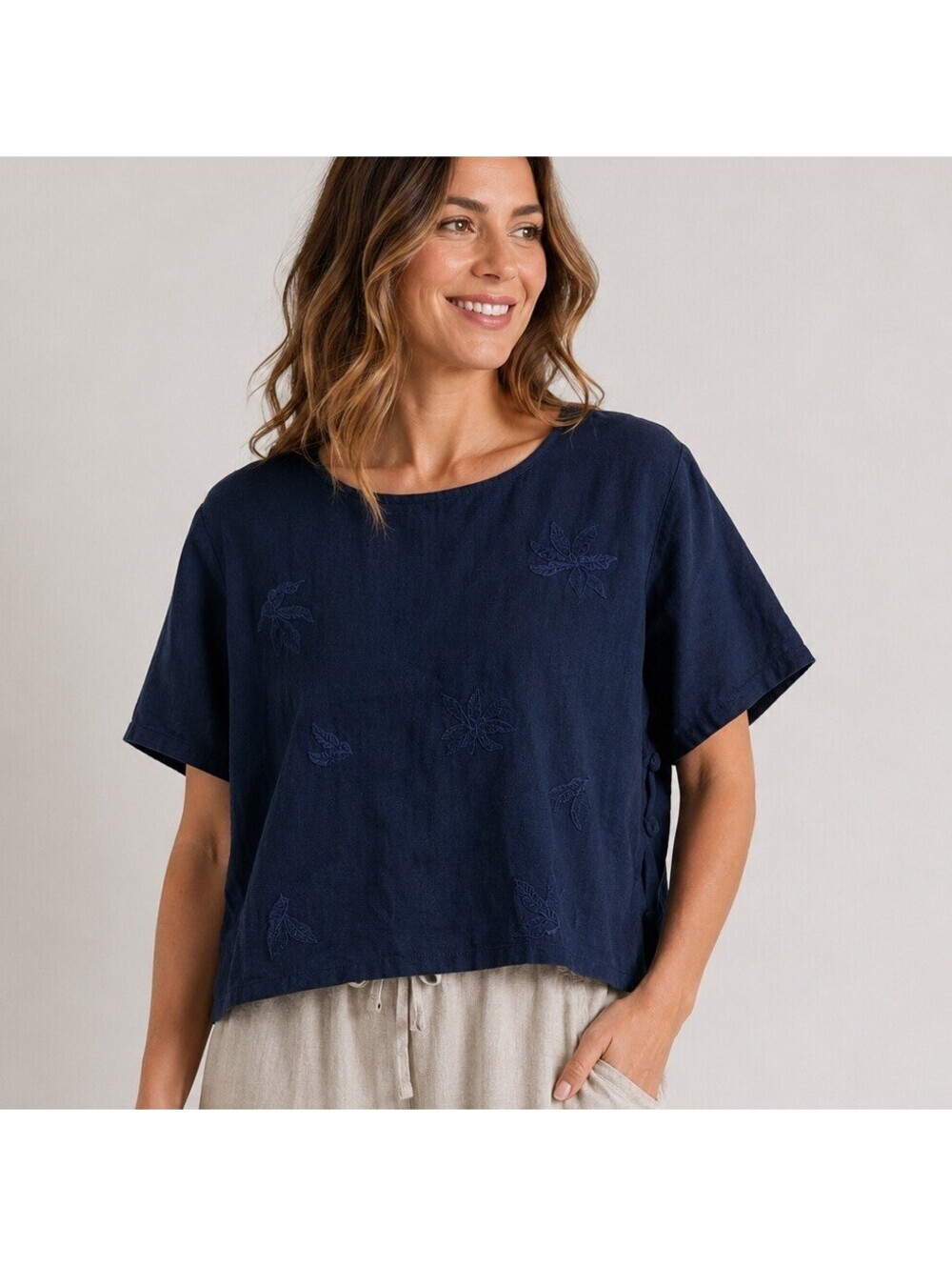 Navy Blue Linen Embroidered Boxy Cropped Blouse Women’s Medium Lagenlook